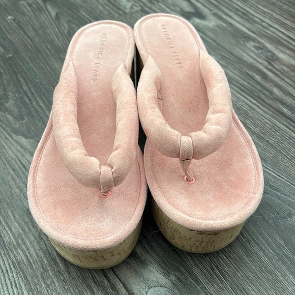 Veronica Beard Cork Platform Wedge Flip Flop Sandal in Pink Suede - Picture 4 of 5